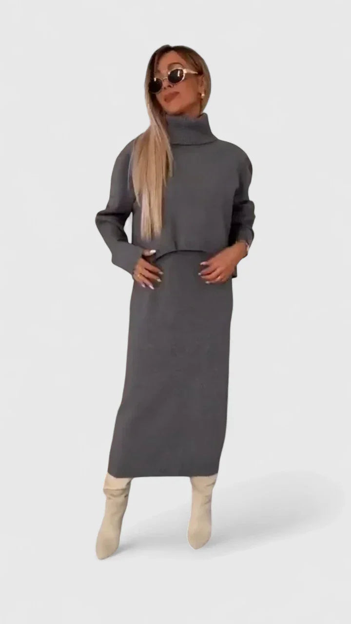 כריסטל - סט שמלה אלגנטית וסוודר עם צווארון גולף